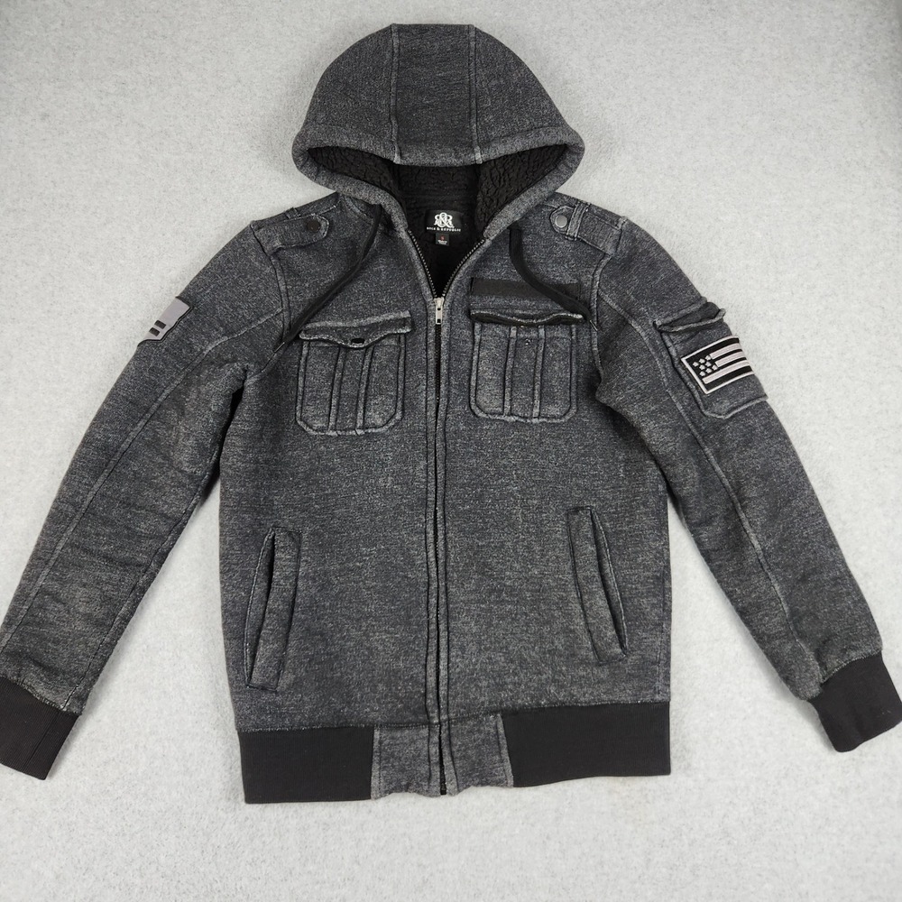Rock & Republic Hoodie Unisex Small Gray Sherpa Lined Military Tactical Full Zip